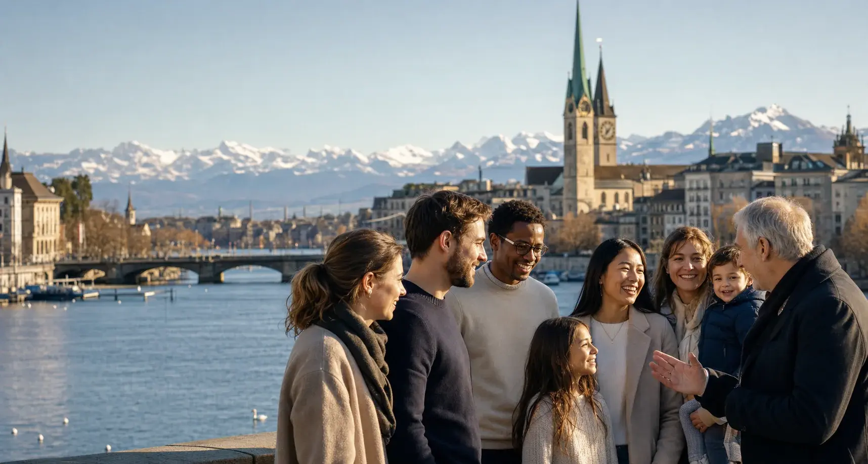Eine generationenübergreifende Gemeinschaft vor der Zürcher Altstadt und den Schweizer Alpen