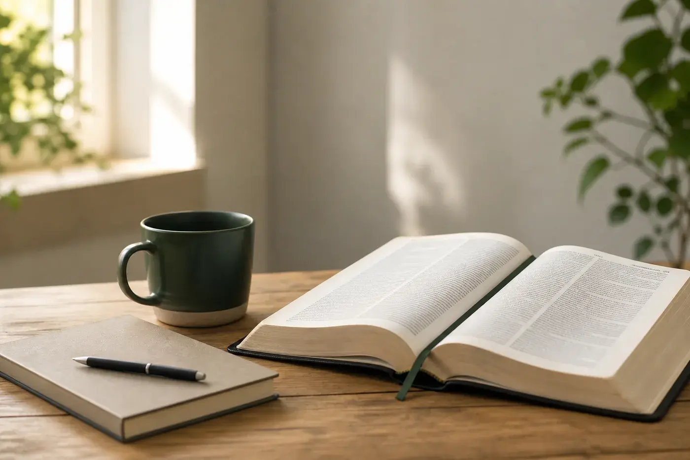 Eine geöffnete Bibel mit Notizbuch in warmem Morgenlicht