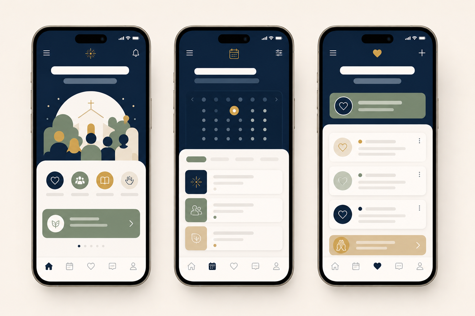 Vorschau von Church Connect mit Startseite, Terminen und Gebetsanliegen